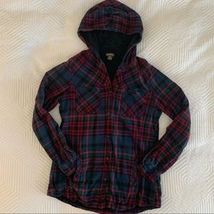 Eddie Bauer plaid button down hooded shirt